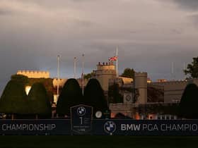 Flags are flown at half-mast on the Wentworth clubhouse following the announcement of the death of Her Majesty Queen Elizabeth II during the BMW PGA Championship. Picture: Ross Kinnaird/Getty Images.