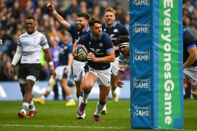 Scotland's Adam Hastings scores a vital try just before half-time.   (Photo by Ross MacDonald / SNS Group)