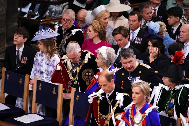 (left to right 3rd and 4th row) The Duke of York, Princess Beatrice, Peter Phillips, Edoardo Mapelli Mozzi, Zara Tindall, Princess Eugenie, Jack Brooksbank, Mike Tindall and the Duke of Sussex, (left to right 2nd row) the Earl of Wessex, Lady Louise Windsor, the Duke of Gloucester, the Duchess of Gloucester the Princess Royal Vice Admiral Sir Tim Laurence, (1st row) the Duke and Duchess of Edinburgh at the coronation ceremony.