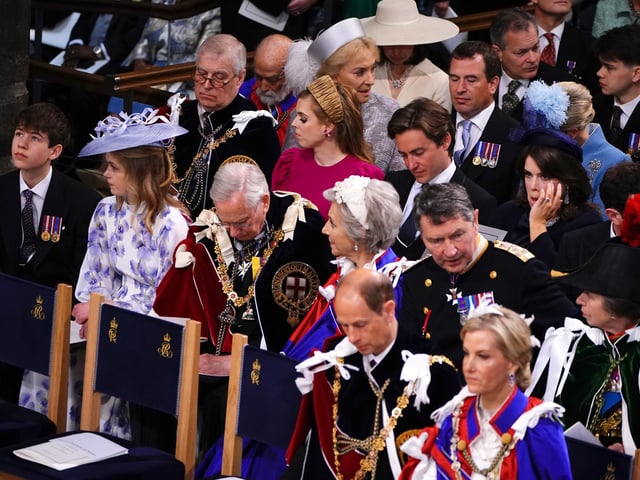 (left to right 3rd and 4th row) The Duke of York, Princess Beatrice, Peter Phillips, Edoardo Mapelli Mozzi, Zara Tindall, Princess Eugenie, Jack Brooksbank, Mike Tindall and the Duke of Sussex, (left to right 2nd row) the Earl of Wessex, Lady Louise Windsor, the Duke of Gloucester, the Duchess of Gloucester the Princess Royal Vice Admiral Sir Tim Laurence, (1st row) the Duke and Duchess of Edinburgh at the coronation ceremony.