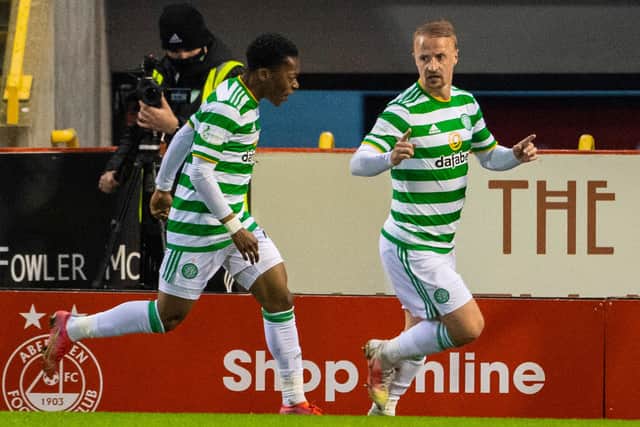 Griffiths wheels away to celebrate with Karamoko Dembele after netting an equaliser in a 1-1 draw at Aberdeen in late April that could prove to be the last of 123 goals in the club's colours. (Photo by Paul Devlin / SNS Group)