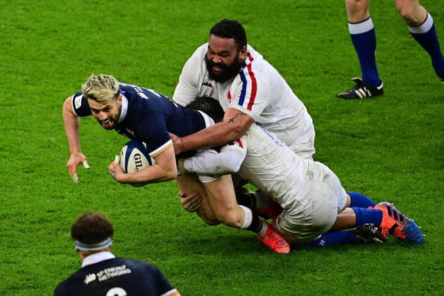 Adam Hastings, on as a substitute, showed great awareness to deliver the pass to Duhan van der Merwe for the winning try against France. Picture: Martin Bureau/AFP via Getty Images