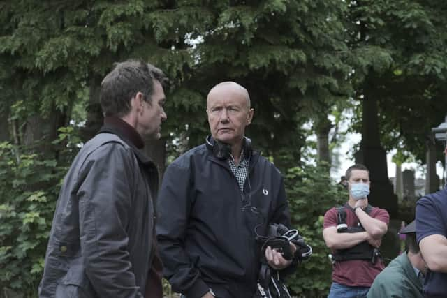 Dougray Scott and Irvine Welsh Note on the set of Crime.