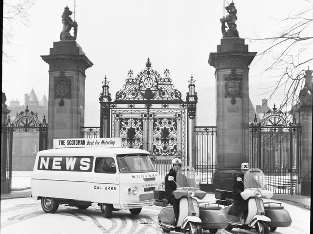 The new Scotsman delivery van and scooters outside the gates of Holyrood Palace Edinburgh  in December 1965.