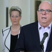 Gov. Larry Hogan, R-Md., speaks at a news conference, Friday, April 3, 2020, in Annapolis, Md. Authorities are searching for the daughter and a grandson of former Maryland Lt. Gov. Kathleen Kennedy Townsend after a canoe they were paddling in the Chesapeake Bay never returned