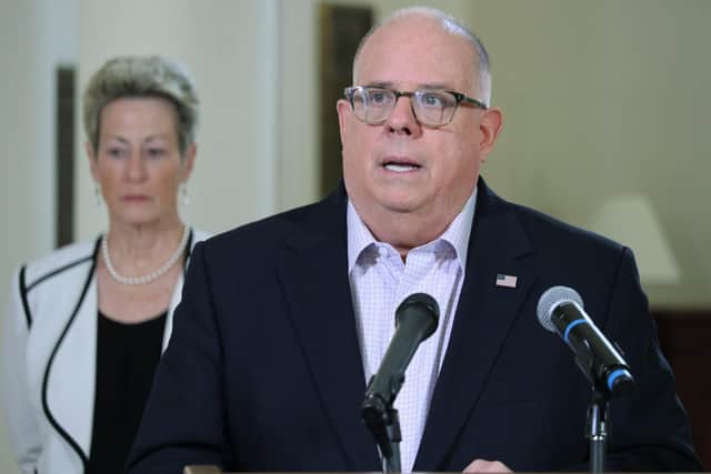 Gov. Larry Hogan, R-Md., speaks at a news conference, Friday, April 3, 2020, in Annapolis, Md. Authorities are searching for the daughter and a grandson of former Maryland Lt. Gov. Kathleen Kennedy Townsend after a canoe they were paddling in the Chesapeake Bay never returned