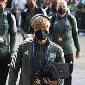 Celtic’s Kyogo Furuhashi arrives for the Champions League match against Real Madrid at Celtic Park.  (Photo by Rob Casey / SNS Group)