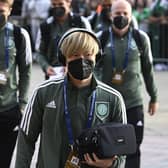 Celtic’s Kyogo Furuhashi arrives for the Champions League match against Real Madrid at Celtic Park.  (Photo by Rob Casey / SNS Group)
