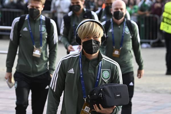 Celtic’s Kyogo Furuhashi arrives for the Champions League match against Real Madrid at Celtic Park.  (Photo by Rob Casey / SNS Group)