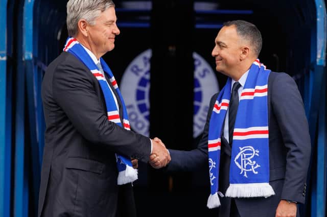Rangers chairman Andrew Cavenagh (L) and vice-chairman Paraag Marathe (R) at Ibrox following the club's Extraordinary General Meeting in a city centre hotel (Photo by Alan Harvey / SNS Group)