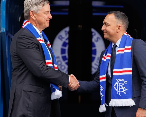 Rangers chairman Andrew Cavenagh (L) and vice-chairman Paraag Marathe (R) at Ibrox following the club's Extraordinary General Meeting in a city centre hotel (Photo by Alan Harvey / SNS Group)