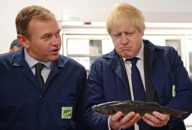 Scottish Conservative leader Douglas Ross has written to Environment Secretary George Eustice, seen with Boris Johnson at a fish processing factory, urging him to set up a UK taskforce to simplify the process of exporting seafood to the EU (Picture: Stefan Rousseau/PA)