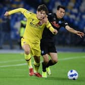 Aaron Hickey in action for Bologna. (Photo by FILIPPO MONTEFORTE/AFP via Getty Images)