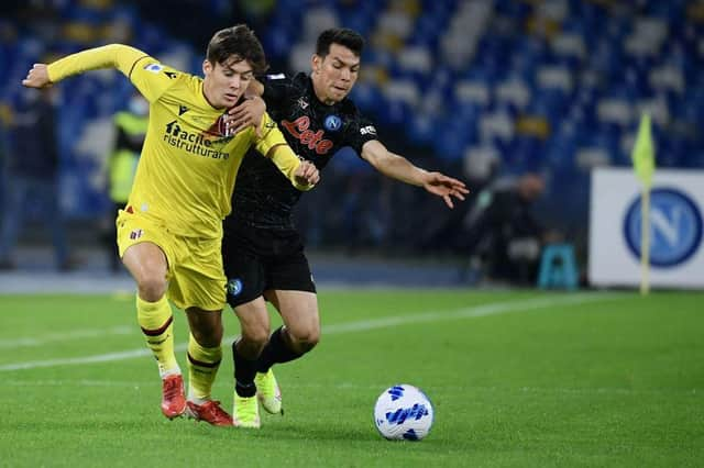 Aaron Hickey in action for Bologna. (Photo by FILIPPO MONTEFORTE/AFP via Getty Images)