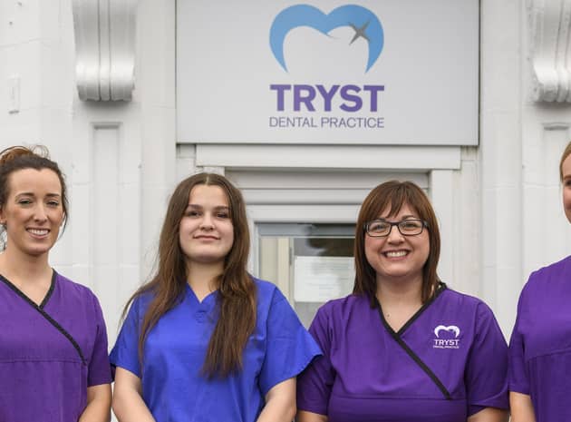 Staff at Tryst Dental in Stenhousemuir, including principal dentist Lesley Donaldson, second right. Picture: Ian Georgeson.
