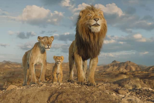 Afia (voiced Anika Noni Rose), Young Mufasa (voiced by Braelyn Rankins) and Masego (voiced by Keith David) in Disney’s Mufasa: The Lion King. Photo courtesy of Disney.