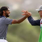 Akshay Bhatia  celebrates with his caddie after winning the Valero Texas Open in a play-off at TPC San Antonio. Picture: Brennan Asplen/Getty Images.