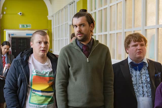 Jack Whitehall with Charlie Wernham and Ethan Lawrence in Bad Education Reunion Special