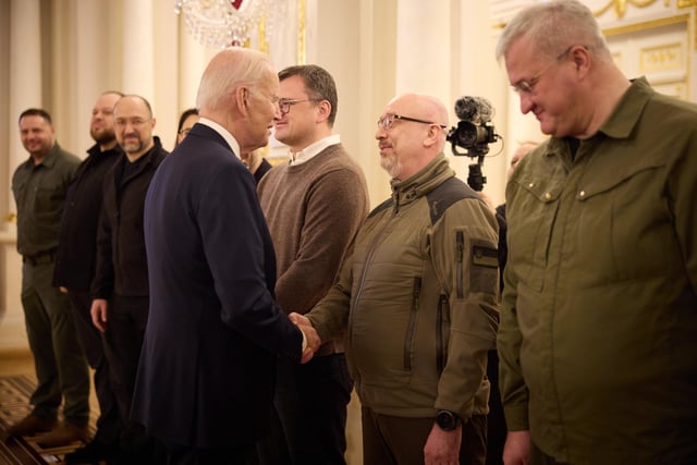 Joe Biden meeting Ukrainian military personnel as he made an unannounced visit to Kyiv, Ukraine, in a gesture of solidarity days before the one-year anniversary of Russia's invasion of the country.