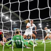 Ella Toone of England celebrates after scoring their team's first goal past Sandra Panos of Spain during the UEFA Women's Euro 2022 Quarter Final. (Photo by Mike Hewitt/Getty Images)