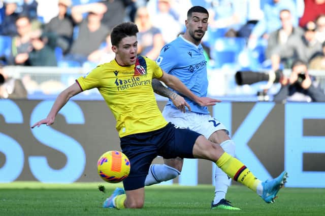 Aaron Hickey, pictured in action for Bologna against Lazio in a Serie A match last month, has been called up to the Scotland senior squad for the first time. (Photo by Marco Rosi - SS Lazio/Getty Images)
