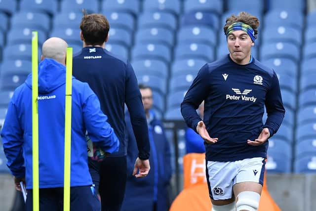 Scotland captain Jamie Ritchie sports a Doddie Weir headband during the final training run ahead of the New Zealand game. (Photo by Mark Runnacles/Getty Images)