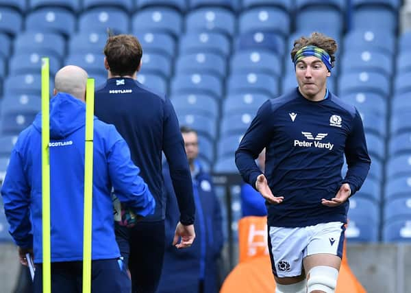 Scotland captain Jamie Ritchie sports a Doddie Weir headband during the final training run ahead of the New Zealand game. (Photo by Mark Runnacles/Getty Images)