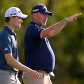 Rasmus Hojgaard listens to Thomas Bjorn during the first round of the Cazoo Open de France at Le Golf National near Paris. Picture: Ross Kinnaird/Getty Images.