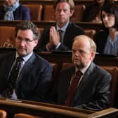 John Hollingworth as James Hartley and Toby Jones as Alan Bates in a courtroom scene from Mr Bates Vs The Post Office (Picture: ITV)