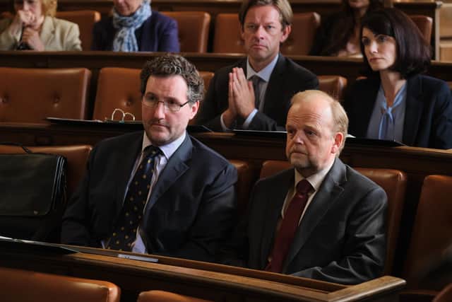 John Hollingworth as James Hartley and Toby Jones as Alan Bates in a courtroom scene from Mr Bates Vs The Post Office (Picture: ITV)