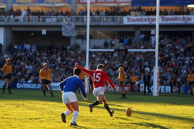 Gavin Hastings kicks a penalty during the Lions' nailbiting 19-18 win over Australia in the decisive third Test at the Sydney Football Ground in 1989. Picture: Colorsport/Shutterstock