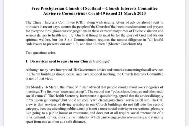 The advice from the Free Presbyterian Church of Scotland was posted on its website.