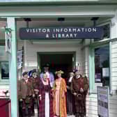 Group of Jacobite storytellers outside the VisitScotland iCentre in Ballater.