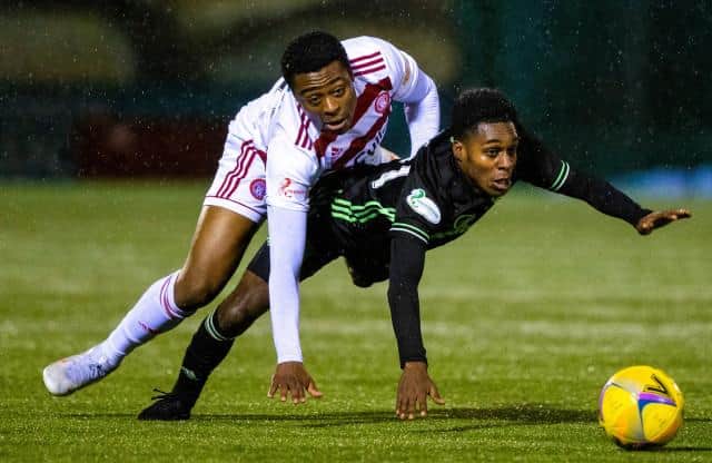 Tunde Owolabi and Jeremie Frimpong during the Scottish Premiership match between Hamilton and Celtic at the FOYS Stadium on December 26, 2020, in Hamilton, Scotland. (Photo by Craig Williamson / SNS Group)