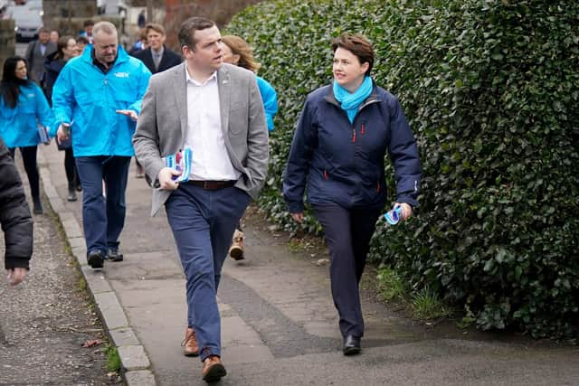 Scottish Conservative leader Douglas Ross and former leader Ruth Davidson, on the campaign trail in Davidson Mains, Edinburgh. Picture: Jane Barlow/PA Wire