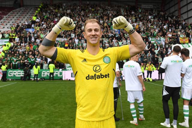 Joe Hart celebrates the title win for Celtic at Hearts last weekend.