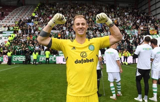 Joe Hart celebrates the title win for Celtic at Hearts last weekend.