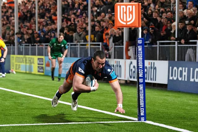 Edinburgh's Henry Immelman scores the home side's sixth try during the win over Connacht at DAM Health Stadium. (Photo by Ross Parker / SNS Group)