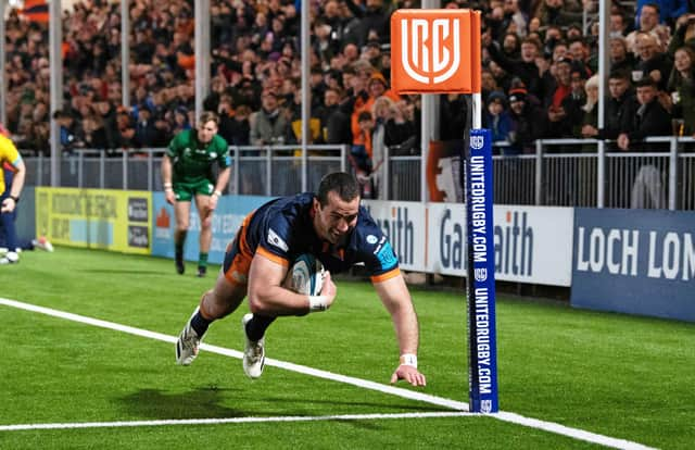 Edinburgh's Henry Immelman scores the home side's sixth try during the win over Connacht at DAM Health Stadium.  (Photo by Ross Parker / SNS Group)