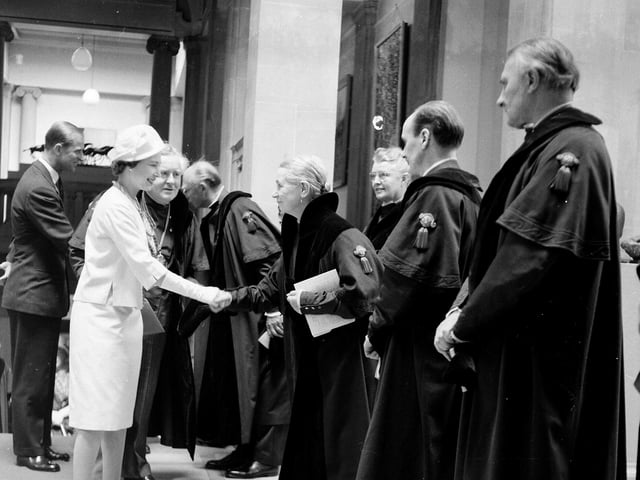 The Queen and Duke of Edinburgh visit the RSA with William MacTaggart and artist Anne Redpath in 1961.