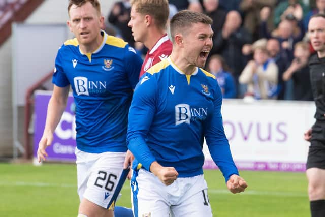 Glenn Middleton celebrates his goal to make it 1-1 during the Premier Sports Cup match between Arbroath and St Johnstone.