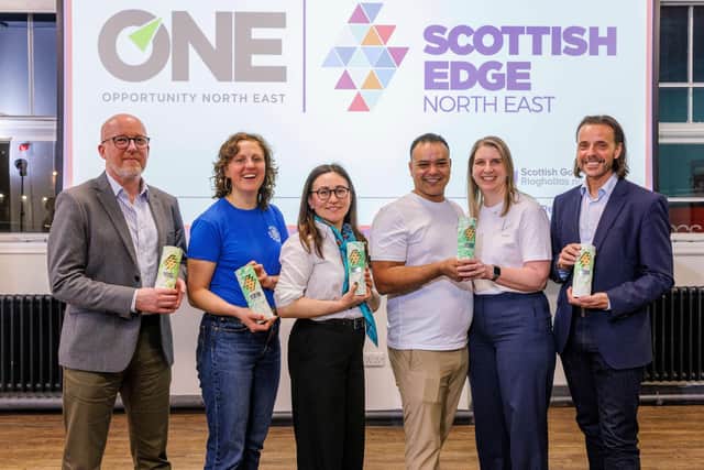 Regional Edge NE Winners: L to R, Chris Hyde (Aqura Systems), Joanna Davis (Canny Mushrooms), Dilyara Iskakova (Hey Joey), Emad Elsayed & Susanne Moessner (Annies German Bakery), Martin Watt (Cask Ventures). Picture: Derek Ironside