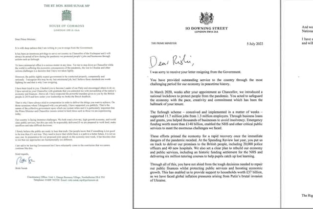 The letter sent by Chancellor of the Exchequer Rishi Sunak  to Prime Minister Boris Johnson offering his resignation (left), and the Prime Minister's reply (centre and right). Photo: 10 Downing Street/PA Wire.