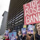 Campaigners take part in a Stop Rosebank emergency protest outside the UK Government building in Edinburgh Photo: Jane Barlow/PA Wire