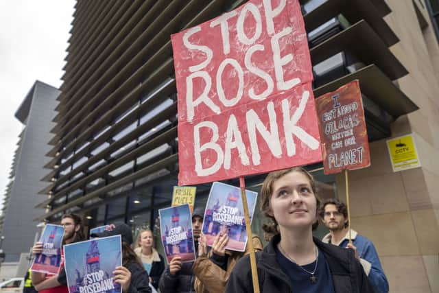 Campaigners take part in a Stop Rosebank emergency protest outside the UK Government building in Edinburgh Photo: Jane Barlow/PA Wire