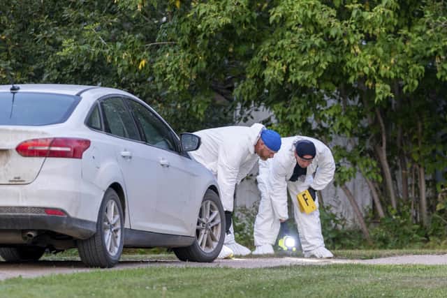 Investigators examine the ground at the scene of a stabbing in Weldon, Saskatchewan on Sunday, Sept. 4, 2022. A series of stabbings at an Indigenous community and at another in the village of Weldon left multiple people dead and others wounded, Canadian police said Sunday as they searched for two suspects. (Heywood Yu/The Canadian Press via AP)