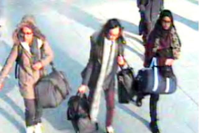 This grainy image shows Begum and two the friends who went with her to Syria, Amira Abase, 15, and Kadiza Sultana in Gatwick (Picture: Metropolitan Police/PA Wire)