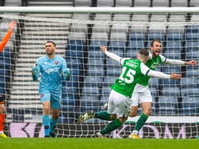 Christian Doidge celebrates his controversial goal as Hibs defeated Dundee United and secured a place in the Scottish Cup final. Photo by Ross Parker / SNS Group