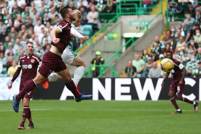 Celtic defender Stephen Welsh heads home to make it 2-0 in the Premier Sports Cup tie against Hearts. (Photo by Craig Williamson / SNS Group)