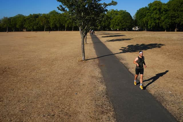 A jogger runs along a path next to sun scorched grass in London's Victoria Park